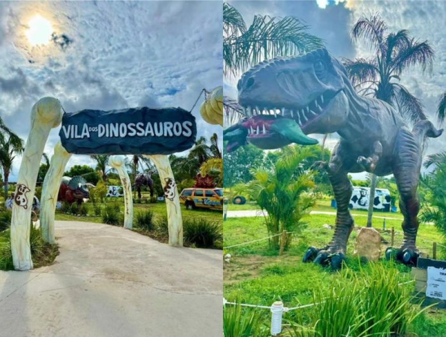 Vila com dinossauros em tamanho real vira refúgio de férias fora das praias no ES
