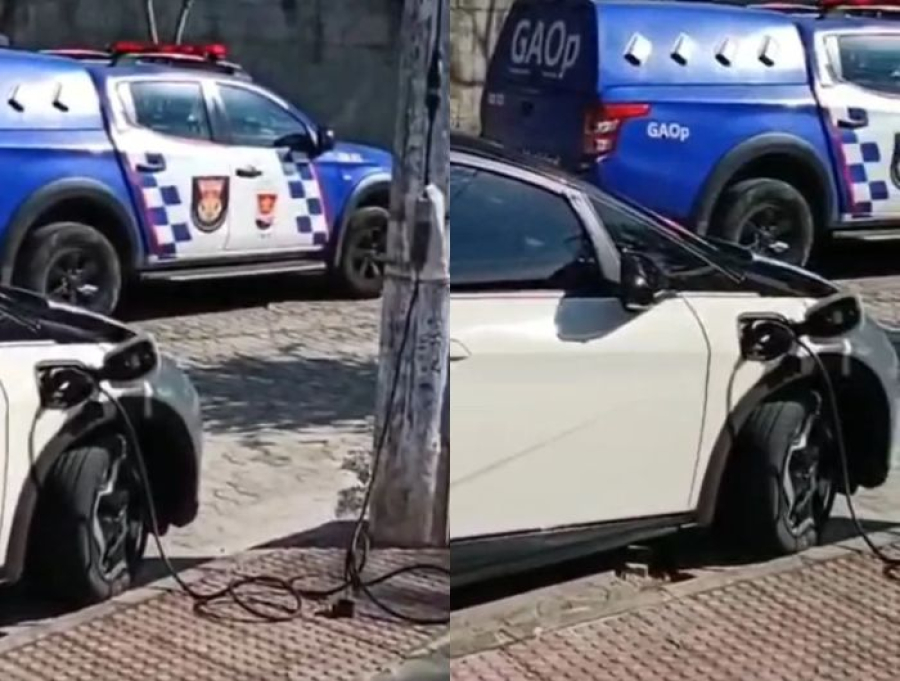 Motorista é flagrado furtando energia de poste para carregar carro elétrico em Vitória