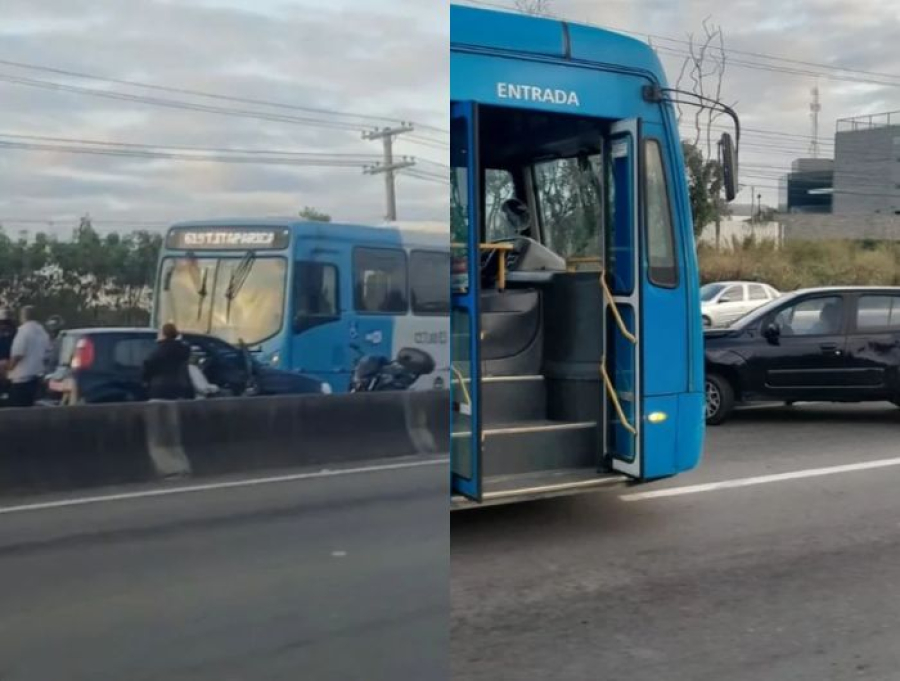 Acidente entre ônibus do Transcol e carro deixa ferido e causa congestionamento na Rodovia do Sol